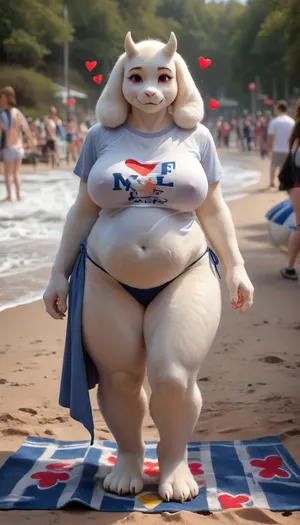 masterpiece, best quality, high resolution, hires, score_9, score_8_up, score_7_up, score_6_up, (((Toriel from Undertale:1))), (((anthro, furry, white fur, body fur, white skin, furry hands))), (((1girl))), (((milf:1.5))), tall anthropomorphic goat-woman, long floppy ears, small curved horns, soft smiling face, ((red cheeks:1.2)), (((hearts flying around woman's head:1.5))), gentle red eyes, (((wearing only an short transparent t-shirt))), (((nipples visible through clothes:1))), motherly and shy expression, (((massive milky soft breasts:1))), (((saggy boobs:1))), (((wide curvy hips:1.3))), soft full figure, (((thick thighs:1.3))), hourglass shape, matronly and nurturing body, long gentle arms, standing pose, warm and inviting aura, warm colors, fantasy style, full body, high detail, cel-shaded, soft lighting, game character design, anime-inspired proportions, smooth clean linework, detailed fur, fursuit, (((front view))), ((public sand beach on background)), (((clubfoot:1.2))), (((lovely looks straight at the viewer))), (((takes off his shirt))), (((one boobie falls out of the bikini:1.5))), (((wet t-shirt:1.5))), (cellulite:1.2), (((beach towel:1.5))), (pregnant:1), <lora:FursuitXL:1.3>, <lora:SDXLHighDetail_v6-000005:1.5>