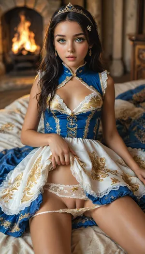 Cute girl, irish princess, tan skin, castle bedroom, top view, (petite girl:1.3), open mouth, perky breasts, slim body, green eyes, laying on her back, on a canopy bed, legs spread, arching her back, arching, head arched back, good hands, long body, (long hair, clips, black hair, tiara), small breasts, oiled pussy, ((medieval princess dress unbuttoned, white lace petticoat, princess panties pulled aside, gold print, dark blue trim)), flowers, flat chested, fire burning in fireplace, <lora:MJ52:1.5>, <lora:attractive_notrigger:.5>, <lora:289505_training_data:.7>, <lora:SweetLolitaXLv4.23:1.5>