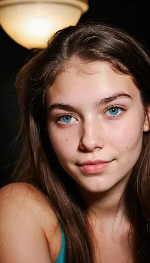 (((Dark Room))), (((little lighting))), (((Night time))), (((camera flash))), light off, (harsh flash:1.2), (((Amateur Photo))), (((candid Photo:1.3))), (Teen:1.8), (shot on an iphone:1.3), strikingly beautiful 18 year old fashion model, posing, amateur Polaroid instant photo, night time dark room, lights off, bad lighting, flash photography, intimate pose, shy smile, long hair covering breasts, brunette, beautiful blue eyes, dark eyebrows, perfect eyes, thick waist, small tits, wide hips, big ass, mouth slightly open, dull look, highest quality, insanely detailed photo, masterpiece, detailed skin texture, (chubby:1.2), flat nipples