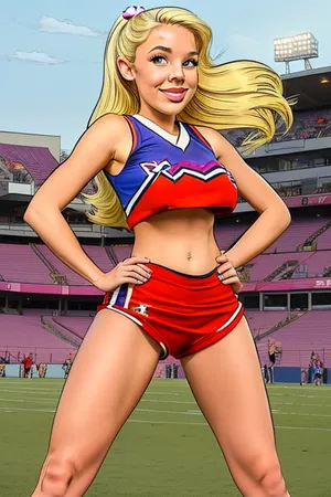 In the style of Jab Comix, cartoon style, a beautiful blonde cheerleader in a skimpy uniform stands alone on a football field, large breasts, jib, jab, jabstyle, <lora:Jib:.5>, <lora:JabstyleV1Release:.4>