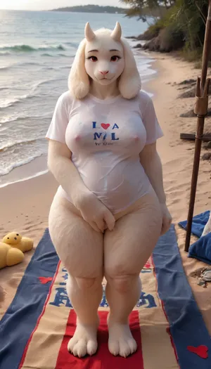 masterpiece, best quality, high resolution, hires, score_9, score_8_up, score_7_up, score_6_up, (((Toriel from Undertale:1))), (((anthro, furry, white fur, body fur, white skin, furry hands))), (((1girl))), (((milf:1.5))), tall anthropomorphic goat-woman, long floppy ears, small curved horns, soft smiling face, ((red cheeks:1.2)), (((hearts flying around woman's head:1.5))), gentle red eyes, (((wearing only an short transparent t-shirt))), (((nipples visible through clothes:1))), (((no panties:1.5))), motherly and shy expression, (((massive milky soft breasts:1))), (((saggy boobs:1))), (((wide curvy hips:1.3))), soft full figure, (((thick thighs:1.3))), hourglass shape, matronly and nurturing body, long gentle arms, standing pose, warm and inviting aura, warm colors, fantasy style, full body, high detail, cel-shaded, soft lighting, game character design, anime-inspired proportions, smooth clean linework, detailed fur, fursuit, (((front view))), ((sand beach on background)), (((clubfoot:1.2))), (((lovely looks straight at the viewer))), (((wet t-shirt:1.5))), (cellulite:1.2), (((beach towel:1.5))), (pregnant:1), (((visible pussy))), (((fingering))), pussy, <lora:FursuitXL:1.3>, <lora:SDXLHighDetail_v6-000005:1.5>, <lora:2FingersSDXL_v03:1.5>