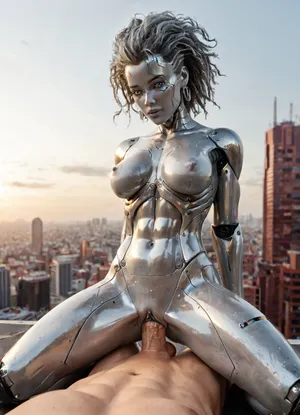 Brunetka 25 lat, nude, silver skin, style haime sorayama art, woman-cyborg, metal skin, cyborg woman, steel skin, FastNegativeV2, BadDream, Perfect face, translucent, transparent, full body, sci-fi, cowgirl sex, pov, cock in pussy, alien city, sky city, SyFyEye1, <lora:sdxl_glass:1.1>, <lora:SyFyEye1_XL_v1.0:1.4>