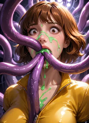masterpiece, best quality, highly detailed, (anime:1.2), BREAK, ((April O'Neil, a gorgeous 35 year old mature white woman)), (close up on face:1.2), (surprised expression:1.2), looking down, (eyes looking down), (restrained by purple tentacles, multiple purple tentacles slide deep into her mouth, multiple purple tentacles release massive loads of glowing green cum inside her mouth while other purple tentacles ejaculate shooting multiple glowing green cumshots onto her face and hair, she is sucking on multiple purple tentacles, blowjob, fellatio, multiple insertions:1.2), oral, (oral creampie:1.2), (bukkake, glowing green cum on face, glowing green cum in hair, glowing green cum spurts from mouth:1), slim, athletic, gymnast body, (brown eyes), (brown hair:1.1), (natural D cup tits, beautiful nipples), ((wearing a yellow jumpsuit unzipped, with purple tentacles sliding under her clothes and in between her tits, titjob)), (background, dark room, laboratory, sewers, technodrome), (extremely dark environment:1.2), (all lights are out in room, dim lights and glow from green cum are the only source of lighting:1.2), <lora:Animated_Concept:1>, <lora:add-detail-xl:.8>, <lora:Super_Eye_Detailer_By_Stable_Yogi_SDPD0:.8>, <lora:Green_Slime-000004:.5>