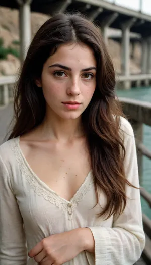 A lovely 19 year old petite Jewish Iranian girl in the 1970s, she has pale skin, she has a light dusting of freckles on the bridge of her nose and cheeks, she is not wearing any clothing, film photo