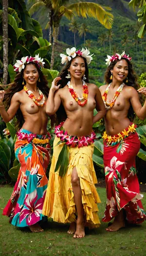 masterpiece, high resolution, ultra detailed, 8k, Three Hawaiian girls dancing the hula, wearing long skirts made of brightly colored fabric, topless, with long flower necklaces, their hair adorned with large magnolia flowers, against a backdrop of flowering plants, lots of flowers of different colors, super detailed photorealistic image, full body view, 8K quality