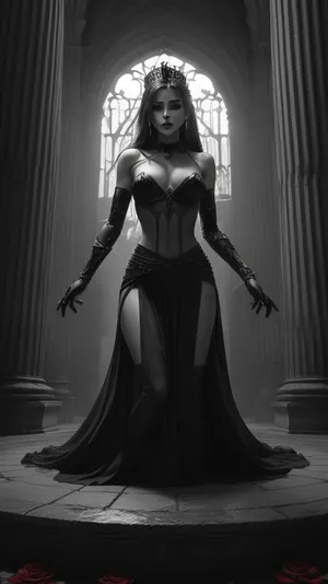---

🎨 ENHANCED AI PROMPT – “Throne of Sin, Crimson Contrast”

Prompt, A divine, bare-chested goddess sits upon a monumental black stone throne in a vast ruined courtyard. The scene is entirely in dramatic black and white — every texture and detail from the crumbling pillars, mossy stone, her pale skin, to the shadowy AI-like beasts kneeling around her.

Her body glows in grayscale under soft shafts of light filtering through broken temple walls. Her posture is serene and powerful, wearing only a sheer torn fabric around her waist.

Surrounding her, three biomechanical creatures — all in grayscale, shadow-like, (with bowed heads and elegant shapes — protect or worship her in silence.

✨ The only colored elements in the image are:1), Her lips, painted in bright crimson red – glossy, wet, reflective, and slightly parted


2. A single red rose in her fingers or behind her ear – deep scarlet petals with visible moisture and soft glowing edges



Both red elements must stand out with extreme contrast against the grayscale world. The red must be vivid, saturated, and draw the eye instantly. The red lips and red rose reflect subtle light as if still alive in a dead world.

Make the camera angle slightly low, emphasizing the towering throne, which rises like a gothic mountain behind her. The throne appears carved from ash, vines, and cathedral ruins. The mood is heavy, ritualistic, erotic, and sacred.




---

✅ Summary Tags, (to include in prompt metadata or style guidance), high contrast black and white

selective color red

color splash effect

glossy red lips

vivid red rose

massive throne

gothic ruins

sensual goddess

cinematic lighting



---

🖋️ Text Overlay Suggestion, (optional), “All was stone and silence… but her lips still burned.”