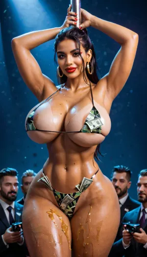 ((stripper latina girl 30 years old)), ultra realistic, standing in front of the camera, 8k resolution, gigantic ass, striptease, sexy look, red lipstick, (in night club), (visitors on the background), visitors give money, a lot of money, oil body, ((curvy)), suddactive look, gigantic hips, touching her breast, ultra-detailed, money in panties, a lot of money in panties, ultra-detailed face, instagram model, professional photography, (hugs the pole), tight clothes, ultra tight micro-bikini, large, breasts, big, boobs, huge, tits, <lora:bombshell_v2:.5>, 4ng3l, face, <lora:SDXL_BetterFaces-LoRA_v1:.8>, ral-meat, <lora:ral-rawmeat-sdxl:.8>
