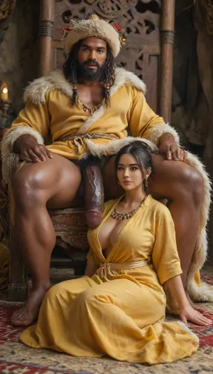 Interracial, tribal Chief tent, a male king sitting on throne, ritual fire, huge black muscular, tall, with a huge white fur felt hat, grey long bearded, big thick black cock, (royal man in yellow robe:1.3), fur carpet on floor, gorgeous Asian woman with dirty skin, ((acient chinese clothed style, dirty hair coiled bun high on head), (chinese woman in green torned robe:1.5)), half naked woman, a long chain around neck, revealing 1 breast, black pussy, large dense pubic hair, (after sex:1.2), front perspective of chinese woman, gaping asshole, (very oiled body, very oiled skin), ((Ultimate realistic photo)), (((dynamic sexy pose))), (((changing image angle, full view))), (bright sunlight), (full view), detailxl, large, boobs, tits, <lora:MJ52:.8>, <lora:attractive_notrigger:.8>, <lora:710302_training_data:.8>, <lora:bombshell_v2:.8>