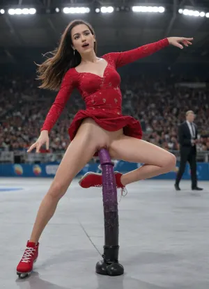 ((full body in shot)), Ice arena, (((black long hair))), ice skating event at Olympic games, Biellmann spin, spectators, on the ice a 29 yo. slim figure skater girl in a red short semi-transparent dress without panties performs pirouette Billman in skates, shaved pussy, Full-length view from afar, vagina, exhibitionism, perfect hands, perfect fingers, 5 fingers, perfect face, perfect lips, perfect teeth, perfect shiny eyes, perfect long legs, correct anatomy, body proportions, correction, face, close, up, Billman, flying, spin, motion, blur, spiral, lines, dancing, on, grand, exhibition, raise, shoe, arm, floral, print, lace, sleeves, cinematic, light, countless, crowd, wind, night, jkmicroskirt, skirtlift, (detailed huge vaginal dildo:1.5), man inserting dildo, massive ejaculation, <lora:MaybeBetterFaceInFullBodyLora_XL_rev3:1.8>, <lora:skirtlift_xl:.5>, <lora:256210_training_data:.5>