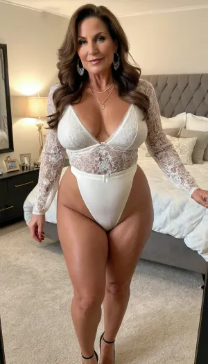 old mature, sexy 50 years old, brunette, long wave hair, tan skin, glamour, big hoop earrings, necklace, wide hip, thick body, very thick legs, very chubby, small saggy tits, very saggy boobs, at the fancy room, selfie, full body view, looking at the camera, big culottes, sexy happy face, pointed stilettos heels, charming, very hot and horny, sexy very high waisted underpants white lingerie, long sleeve lingerie, back body view, showing her back