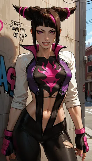 (masterpiece, best quality, highly detailed), high resolution, hires, score_9, score_8_up, score_7_up, score_6_up, ((Juri Han from Street Fighter)), incase, style, ratatatat74, solo, close up, fit, torn outfit, sweat, medium breasts, wide hips, thick thighs, eyes looking at viewer, grin, standing, legs spread, wall, graffiti, day, street, <lora:287175_training_data:1.5>, <lora:ratatatat74-000050:1.3>, <lora:outline_xl_kohaku_delta_spv5x:.3>