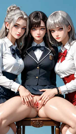 (score_9, score_8_up, sharp focus, masterpiece, perfect eyes), young face, perfect lighting, (best lighting), highest quality, ultra-detailed images, fine details, high resolution, 8k, uncensored, shiny_skin, (bangs messy long grey hair), ncredibly beautiful girl naked, grey hair, long hair, grey eyes, realistic Euro-American face, (Euro-American girl Naked), (body sheen), ((white skin)), (glistening skin), (huge natural breasts), big waist, ((Well-Bulit)), wide hips, perfect skin, perfect face, seductive pose, 3girls, (lesbian encounter exposed), touching each others bodies, (School uniform, short skirt, white sneakers, sock), (pleasure, bewildered, Horny), (her face and expression showing a mix of submission and ecstasy and exhaustion), slight eye roll, big round athletic ass, half open eyes, luscious sensual lips, natural beauty, eternal beauty, ageless beauty, waist, hourglass figure, thigh gap, (bracelets), ((Sit on a chair with your legs slightly apart)), ((spreading pussy lips)), ((pussy juice)), ((close view of face)), in a school, <lora:reallora1:.5>, <lora:Oxygen girl_SDXL1.0:.5>