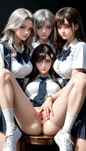 (score_9, score_8_up, sharp focus, masterpiece, perfect eyes), young face, perfect lighting, (best lighting), highest quality, ultra-detailed images, fine details, high resolution, 8k, uncensored, shiny_skin, (bangs messy long grey hair), ncredibly beautiful girl naked, grey hair, long hair, grey eyes, realistic Euro-American face, (Euro-American girl Naked), (body sheen), ((white skin)), (glistening skin), (huge natural breasts), big waist, ((Well-Bulit)), wide hips, perfect skin, perfect face, seductive pose, 3girls, (lesbian encounter exposed), touching each others bodies, (School uniform, short skirt, white sneakers, sock), (pleasure, bewildered, Horny), (her face and expression showing a mix of submission and ecstasy and exhaustion), slight eye roll, big round athletic ass, half open eyes, luscious sensual lips, natural beauty, eternal beauty, ageless beauty, waist, hourglass figure, thigh gap, (bracelets), ((Sit on a chair with your legs slightly apart)), ((spreading pussy lips)), ((pussy juice)), ((close view of face)), in a school, <lora:reallora1:.5>, <lora:Oxygen girl_SDXL1.0:.5>