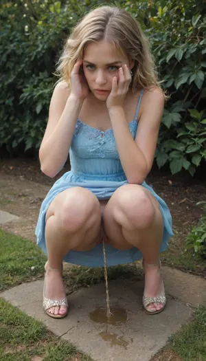 embarrassing moment, 22 year old drunk blonde woman caught peeing outdoor behind bushes at night, hand trying to covering face but failed, (squat-sitting, knock knees), backyard, garden, grass, angry, (extremely detailed beautiful face), trying to avoiding camera, (petite body), slim waist, blue dress, lifted miniskirt, heels, strong shadow, black background, high angle, side above view, (candid photo), (peeing:1.5), very, dark, focused, flash, photo, <lora:pptrain_xl:.1>, <lora:sdxl_darkflash_v6-000060:.1>, <lora:EldritchCandids1.1.2:.8>