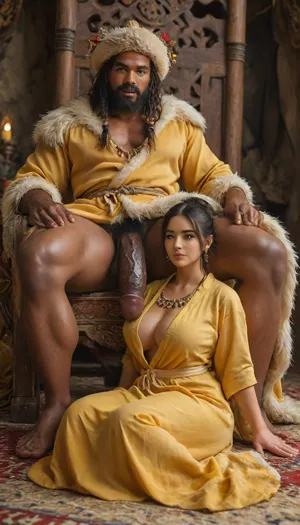 Interracial, tribal Chief tent, a male king sitting on throne, ritual fire, huge black muscular, tall, with a huge white fur felt hat, grey long bearded, big thick black cock, (royal man in yellow robe:1.3), fur carpet on floor, gorgeous Asian woman with dirty skin, ((acient chinese clothed style, dirty hair coiled bun high on head), (chinese woman in green torned robe:1.5)), half naked woman, a long chain around neck, revealing 1 breast, black pussy, large dense pubic hair, (after sex:1.2), front perspective of chinese woman, gaping asshole, (very oiled body, very oiled skin), ((Ultimate realistic photo)), (((dynamic sexy pose))), (((changing image angle, full view))), (bright sunlight), (full view), detailxl, large, boobs, tits, <lora:MJ52:.8>, <lora:attractive_notrigger:.8>, <lora:710302_training_data:.8>, <lora:bombshell_v2:.8>