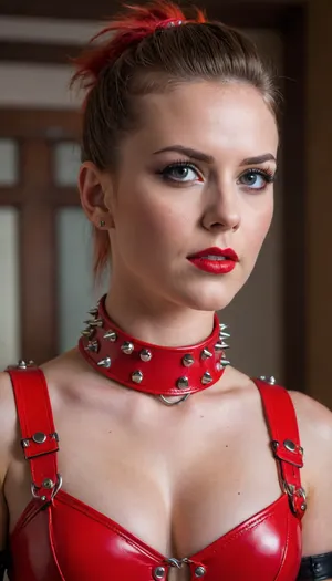 she is wearing vivid red leather collar spiked, vivid red BDSM outfits spiked, glossy leather complex harness spiked