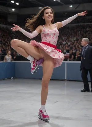 ((full body in shot)), Ice arena, black long hair, ice skating event at Olympic games, (((large neckline))), small tits almost exposed, Biellmann spin, spectators, on the ice a 29 yo. slim figure skater girl in a red short semi-transparent dress without panties performs pirouette Billman in skates, shaved pussy, Full-length view from afar, vagina, exhibitionism, perfect hands, perfect fingers, 5 fingers, perfect face, perfect lips, perfect teeth, perfect shiny eyes, perfect long legs, correct anatomy, body proportions, correction, face, close, up, Billman, flying, spin, motion, blur, spiral, lines, dancing, on, grand, exhibition, raise, shoe, arm, floral, print, lace, sleeves, cinematic, light, countless, crowd, wind, night, jkmicroskirt, skirtlift, (detailed huge vaginal dildo:1.5), <lora:MaybeBetterFaceInFullBodyLora_XL_rev3:.8>, <lora:skirtlift_xl:.6>, <lora:256210_training_data:.7>