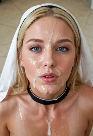 3/4 body shot happy Sexy blonde girl wearing catholic nun dress with cum on her forehead, The austere dress of a Catholic nun, ((in love)), deep blue perfect eyes, Catholic Crucifixion, semen drops on face and clothes, pleasure on face, flirting, realistic skin facial, (cum in mouth:1.3), ohwx, woman, <lora:Facials:.5>, <lora:JustCum:.5>, <lora:MiaMalkova:.8>