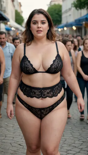 A realistic scene of a chubby woman walking dressed in black lace panties, on top she is not wearing anything, she is at a festival in the city facing the camera, she is walking towards the camera, her whole body is showing, she is saying in Portuguese "let's all go home and play doctor"