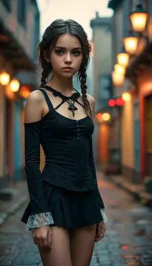 petite student, ripped revealing clothes, goth, Small tits, (full body view), Tinymodel, young, schoolgirl, 18 years old, perfect face, dark brown eyes, cute, closeup, petite body, smokey eyes, full body photo, beautiful face, (Ultra detailed skin:1.5), (ultra high resolution:1.5), <lora:MJ52:.3>