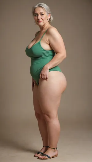 3/4 side view, masterpiece, green sleeveless spaghetti strap maxidress, braless, lounge-bar, tilted forward, posing for a arousing photo, obese, fat, ssbbw, granny, old, 80 year old, (gilf), casual clothes, sexy, blushing, seduced, aroused, huge hanging heavy sagging breast, sagging, pokies, erect nipples, big hips, thick thighs, elegant, auburn, (clothed), submissive, dominated, lewd, obscene, extra slutty, hourglass figure, green eyes, cellulite