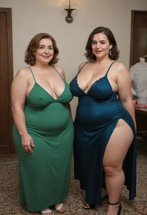masterpiece, green sleeveless spaghetti strap maxidress, braless, at a party with two women in the background, tilted forward, posing for a arousing photo, obese, fat, ssbbw, 70 year old, (gilf), casual clothes, sexy, blushing, seduced, aroused, huge hanging heavy sagging breast, sagging, pokies, erect nipples, big hips, thick thighs, elegant, auburn, (clothed), submissive, dominated, lewd, obscene, extra slutty, hourglass figure, green eyes, fupa
