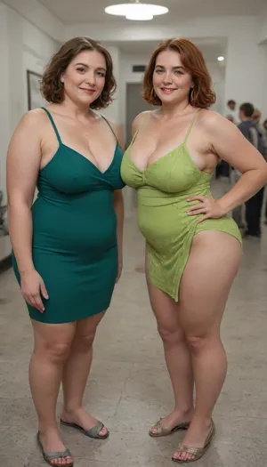 masterpiece, green sleeveless spaghetti strap maxidress, braless, at a party with two women in the background, tilted forward, posing for a arousing photo, obese, fat, ssbbw, 70 year old, (gilf), casual clothes, sexy, blushing, seduced, aroused, huge hanging heavy sagging breast, sagging, pokies, erect nipples, big hips, thick, elegant, auburn, (clothed), submissive, dominated, lewd, obscene, extra slutty, hourglass figure, green eyes, fupa