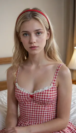 (masterpiece, best quality, high resolution), 1 young woman, white skin, sitting on the edge of her bed with 1 finger pressed to her lips, very cute, pensive expression, thinking intently, (blonde hair), long hair, (straight hair parted down the middle with a slight curl), hairband, skinny, short waist, petite, (wearing a modest high collared red gingham dress), in a girl's bedroom, bed, pillows, dresser, chair, books, 1 teddy bear, afternoon, cinematic lighting, photorealistic, modern day, medium shot, eye level view, <lora:ahxl_v1:.8>