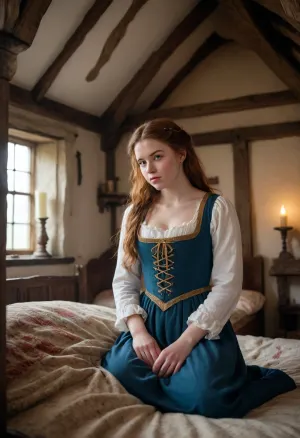 a beautiful young Scottish maiden wakes up in the loft bedroom of her medieval cottage