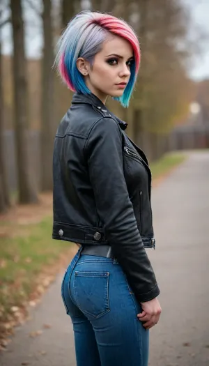 3/4 view portrait, (4K UHD ultra-detailed RAW photo), high detailed, 8k, (photorealistic:1.7), sad emo girl, cute 18 yo girl, (topless), small tits, ((black leather jacket)), ((boots)), (gothic makeup), ((multicolor haircut)), ((jeans)), ((looking on viewer)), style, hair, dip, dyed, black, to, red, white, blue, blonde, from behind