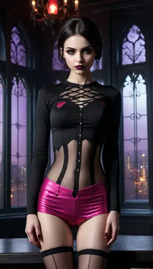 1girl, 18 yo Alice Knyazeva, good girl, short hair, (black hair), beautiful, grey eyes, beauty medium eyes, lovely, ((full)), face, (young face:1.5), (gothic make up:1.5), lovely lips, black glossy lipstick, ((bitchy expression)), ((dominant eyes)), ((medium breasts)), (small slender body:1.4), lovely stomach, pretty pink top, pretty, ((pink mini skirt)), (((with black vertical stripes))), ((plaid gothic tights)), (((slender thighs))), (stomach), piercing on stomach, tits, moderngothic interior, night time, ((penthouse)), neon lights, futuristic city from windows, stars, score_9, score_8_up, score_7_up, Danbooru style, masterpiece, 8k, the best quality, ultra-detailed, gothic, bitch, reij-mg, neon, lights, dark, ambient, light, boobheart, heart, hands, self, grabed, own, breast, <lora:reij-moderngothic-000006:1>, <lora:_sdxl-boobheart:.8>