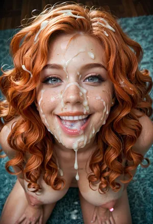 super close shot of bukkake, (viewed from above), happy open smile, hd dark and detailed grey eyes and iris, ((long wavy hair)), lots of long runny thick cumshots, facial portrait picture of her face in cum facial, with natural minimal makeup, (looking at viewer), a lot of Cum on her face and between her perky saggy pointy medicine pert breasts, huge perky puffy areola and nipples, cum on her eyelashes, Cum on her eyelids, Cum on her cheeks, her face coated with Cum, Cum on her pink lips. cum on her hair, cum in mouth, (ginger styles, aged 37, older, 37yo), woman, cum, on, face, <lora:JustCum:.9>