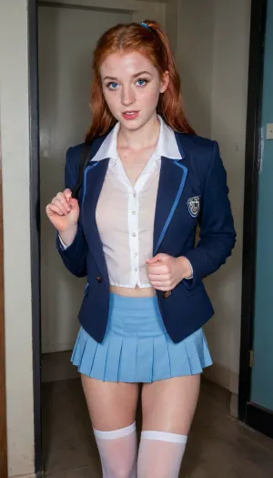 ((Full body pic:1.5)), 18 year old, cute, British girl, redhead, ginger pigtails, green eyes, very pale skin, schoolgirl, (blue and white schoolgirl outfit, very short pleated skirt, unbuttoned white shirt, cleavage, tits showing, no bra underneath, open blue blazer, black pantyhose, black sneakers), uk school uniform, posing provocatively, naughty, bratty, school building, unaestheticXL_cbp62, detailed, eyes, perfect, freckles, skin, texture, photorealistic, raw, lighting, overexposed, harsh, flash, <lora:add-detail-xl:1.5>, <lora:Super_Eye_Detailer_By_Stable_Yogi_SDPD0:.8>, <lora:Rawfully Stylish v0.2_epoch_20:.8>