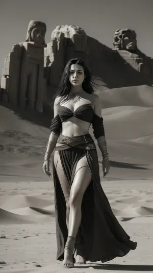 ---

🏜️🖤 “Whispers of the Giant”

Fantasy Concept Scene – Elegant Desert Woman & Worn Monument Head

🎨 AI Prompt, (EN), A stunning woman with long, flowing hair walks barefoot across a windswept desert. She wears a sleek, torn black coat that trails behind her like shadows in the sand. The coat is open at the front, revealing her graceful figure — soft curves, sun-kissed skin, toned legs, and a bare midriff.

Her stride is confident and slow, as though she's walking toward something ancient and inevitable. Her expression is thoughtful, melancholic, and powerful — the kind of woman who’s seen the end of an empire.

In the distance, a giant, eroded stone head lies half-buried in the sand — cracked, weathered by time, with one empty eye socket gazing toward the sky. The monument is mythic in scale, as if it once belonged to a god or king.

The entire scene is in muted black and white tones, with only one color element, a deep red cloth tied to the woman’s arm or waist, fluttering in the hot wind.

The sun is high but veiled by desert haze, casting soft, cinematic shadows. Dust blows past her feet. The silence of the desert is overwhelming, but her presence fills the frame.

Mood, mythic, solemn, seductive
Style, fantasy concept art, cinematic realism, ancient sci-fi
Focus, feminine elegance, symbolism of decay, lone beauty against monumental ---