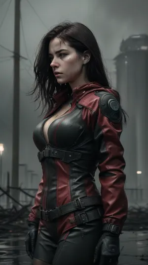 ---

☢️🖤🔴 AI Prompt – “The Crimson Signal – Chapter I”, (reworked), A lone woman stands motionless at the edge of a devastated post-apocalyptic city.

The entire image is in high-contrast black and white — decayed Soviet buildings loom behind her, trees have grown wild, vines cover collapsed structures.

It's raining — fine mist hangs in the air, and puddles ripple around her boots.

She is beautiful but untouched by vanity — a figure of quiet power and grace. She wears a fitted tactical cloak, soaked and clinging to her silhouette, strong legs, narrow waist, and gentle curves at her chest, subtly defined beneath the wet layers.

Her hair is loose, red and wind-blown, strands sticking to her cheek. Her face is cute and nice— sexi, wise, slightly mournful. Nice breast

On her chest rests a single pendant glowing deep red — glowing faintly in the monochrome rain.

This red pendant is the only color in the scene. Its light reflects off water and faintly tints the edges of her neck and jaw.

Behind her, in the misty distance, the cooling towers of the reactor rise like ghosts from another time.

A raven flies past, its wings spread wide, blurred by the rain.

Mood, cinematic, quiet majesty, grief and resilience
Style, hyper-detailed black and white with vivid red element
Emphasis, strong female presence, hard beauty, collapse and memory