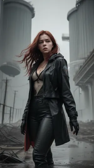 ---

☢️🖤🔴 AI Prompt – “The Crimson Signal – Chapter I”, (reworked), A lone woman stands motionless at the edge of a devastated post-apocalyptic city.

The entire image is in high-contrast black and white — decayed Soviet buildings loom behind her, trees have grown wild, vines cover collapsed structures.

It's raining — fine mist hangs in the air, and puddles ripple around her boots.

She is beautiful but untouched by vanity — a figure of quiet power and grace. She wears a fitted tactical cloak, soaked and clinging to her silhouette, strong legs, narrow waist, and gentle curves at her chest, subtly defined beneath the wet layers.

Her hair is loose, red and wind-blown, strands sticking to her cheek. Her face is cute and nice— sexi, wise, slightly mournful.

On her chest rests a single pendant glowing deep red — glowing faintly in the monochrome rain.

This red pendant is the only color in the scene. Its light reflects off water and faintly tints the edges of her neck and jaw.

Behind her, in the misty distance, the cooling towers of the reactor rise like ghosts from another time.

A raven flies past, its wings spread wide, blurred by the rain.

Mood, cinematic, quiet majesty, grief and resilience
Style, hyper-detailed black and white with vivid red element
Emphasis, strong female presence, hard beauty, collapse and memory