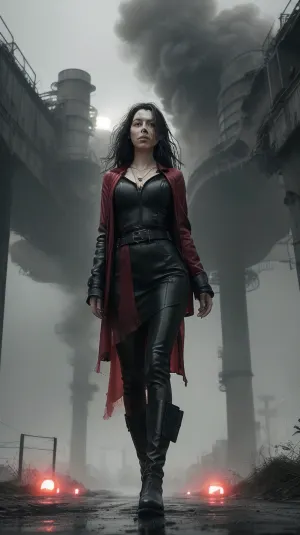 ---

☢️🖤🔴 AI Prompt – “The Crimson Signal – Chapter I”, (reworked), A lone woman stands motionless at the edge of a devastated post-apocalyptic city.

The entire image is in high-contrast black and white — decayed Soviet buildings loom behind her, trees have grown wild, vines cover collapsed structures.

It's raining — fine mist hangs in the air, and puddles ripple around her boots.

She is beautiful but untouched by vanity — a figure of quiet power and grace. She wears a fitted tactical cloak, soaked and clinging to her silhouette, strong legs, narrow waist, and gentle curves at her chest, subtly defined beneath the wet layers.

Her hair is loose and wind-blown, strands sticking to her cheek. Her face is calm — serious, wise, slightly mournful.

On her chest rests a single pendant glowing deep red — glowing faintly in the monochrome rain.

This red pendant is the only color in the scene. Its light reflects off water and faintly tints the edges of her neck and jaw.

Behind her, in the misty distance, the cooling towers of the reactor rise like ghosts from another time.

A raven flies past, its wings spread wide, blurred by the rain.

Mood, cinematic, quiet majesty, grief and resilience
Style, hyper-detailed black and white with vivid red element
Emphasis, strong female presence, soft beauty, collapse and memory