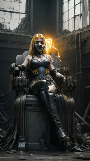 ---

☣️🖤💛 AI Prompt – “Throne of Rust” – Chapter III

> Deep within a ruined sanctuary built from steel wreckage and reactor debris, a breathtaking woman sits upon a massive throne forged from twisted metal beams, broken signs, and shattered machine parts.

The entire world is rendered in rich black and white, full of gritty texture — ash drifting through the air, rust-stained walls, and shadows flickering from broken skylights above.

The throne dominates the space, towering, asymmetrical, forged from relics of a lost civilization. And she, the queen of nothingness, sits at its heart.

Her posture is regal but relaxed — legs crossed at the knee, one arm draped over the edge, the other holding a bright yellow gas mask like a scepter.

She wears a tattered tactical robe open just enough to reveal her sculpted chest and tight waist, her curves natural and soft beneath the shadows. Her beauty glows in monochrome — wet strands of hair framing her calm face, smoky eye shadows, her bare shoulders slick from rain.

At her feet, a single cracked hazard barrel leaks glowing yellow liquid onto the floor — this and her gas mask are the only colored elements in the scene.

From behind her, two raven silhouettes perch on the throne’s jagged edges, their eyes cold and observant.

Scorched flags hang limply on either side. One still bears a half-burnt yellow radiation symbol.

She is not a ruler of people, but of aftermath. A goddess made of rust and memory.

Mood, sacred ruin, industrial majesty, survival mythos
Style, ultra-detailed monochrome with vivid yellow accents
Focus, feminine strength, trón jako artefakt moci, krása navzdory rozpadu