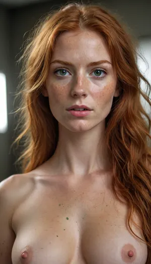 woman, female, 25 years old, long ginger hair, messy hairstyle, green eyes, freckles, uggly, extrem deep cleavage, eye contact, high detailed, portrait, nude