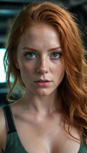 woman, female, 25 years old, long ginger hair, messy hairstyle, green eyes, freckles, uggly, extrem deep cleavage, eye contact, cyber punk, in space, dark starship, uggly window, stars, high detailed, close to face, portrait