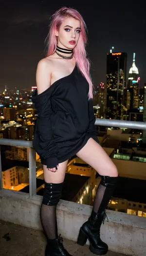 UHD 8K, photorealistic, ultra realistic, highly detailed, night cityscape, rooftop setting, beautiful young emo girl, 19 years old, pale flawless skin, long straight hair dyed neon pink with black streaks, heavy side-swept bangs, expressive blue eyes, perfect eyeliner, black lipstick, subtle blush, multiple facial piercings, thin choker, short plaid skirt, black oversized hoodie slipping off one shoulder, striped thigh-high socks, chunky platform boots, fishnet gloves, confident yet melancholic pose, standing near the edge of a rooftop, glowing city lights and skyscrapers in background, gentle breeze, hair moving, moody atmosphere, emotional deep gaze, light rain droplets, high contrast, cinematic vibe, SFW, <lora:SDXLHighDetail_v6-000005:.9>, <lora:Rawfully Stylish v0.2_epoch_20:1.2>