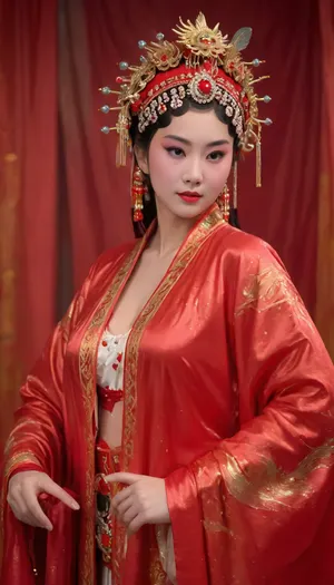 Highly detailed, photorealistic, 8k resolution, ultra-realistic, masterpiece, a beautiful young Chinese woman, 25 years old, wearing a torn traditional Chinese Beijing opera costume, (elaborate silk robes with intricate patterns, vibrant colors like red and gold, water sleeves), (costume ripped open to expose red breast cloth:1.9), (unshaved dense pubic hair visible, long slender legs:1.3), delicate and smooth skin, standing pose, (ashamed and humiliated expression, tears streaming down her face, flushed cheeks:1.5), soft cinematic lighting, detailed facial features, expressive eyes, traditional Chinese opera makeup, (exaggerated white base with red accents), ornate hair accessories, background of a dimly lit traditional Chinese theater stage with red curtains and wooden props, depth of field, realistic textures, emotional and dramatic atmosphere front view, realistic, high resolution, ultra realistic, peking, opera, <lora:chinese_peking_opera:1.8>