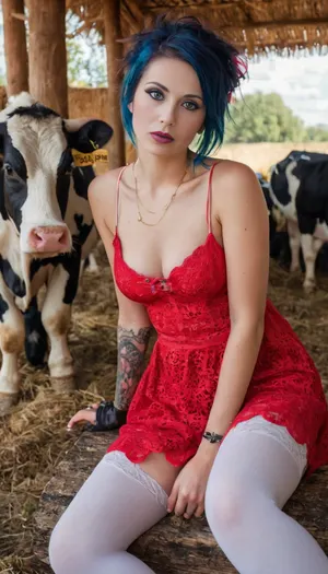 4k, photorealism, high detailed, angry emo girl, sitting, in a village, busty women 20 yo, ((completely clothing)), ((in short red lacy dress)), ((in white stockings)), ((in black boots)), (tattoo), ((jewelry)), (bright makeup:1.5), ((indigo messy pixie hair)), ((milking a cow))