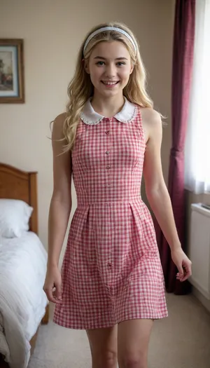 (masterpiece, best quality, high resolution), 1 young woman, white skin, striding into her bedroom, very cute, happy smiling face, (blonde hair), long hair, (straight hair parted down the middle with a slight curl), hairband, skinny, short waist, petite, (wearing a modest high collared gingham dress), in a girl's bedroom, bed, pillows, dresser, chair, books, 1 teddy bear, afternoon, cinematic lighting, photorealistic, modern day, medium shot, eye level view, <lora:ahxl_v1:.8>