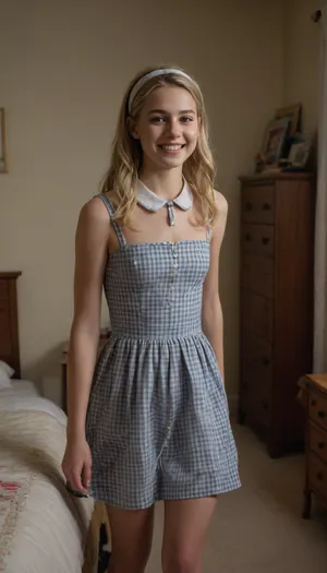 (masterpiece, best quality, high resolution), 1 young woman, white skin, striding into her bedroom, very cute, happy smiling face, (blonde hair), long hair, (straight hair parted down the middle with a slight curl), hairband, skinny, short waist, petite, (wearing a modest high collared gingham dress), in a girl's bedroom, bed, pillows, dresser, chair, books, 1 teddy bear, afternoon, cinematic lighting, photorealistic, modern day, medium shot, eye level view, <lora:ahxl_v1:.8>