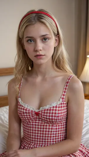 (masterpiece, best quality, high resolution), 1 young woman, white skin, sitting on the edge of her bed with 1 finger pressed to her lips, very cute, pensive expression, thinking intently, (blonde hair), long hair, (straight hair parted down the middle with a slight curl), hairband, skinny, short waist, petite, (wearing a modest high collared red gingham dress), in a girl's bedroom, bed, pillows, dresser, chair, books, 1 teddy bear, afternoon, cinematic lighting, photorealistic, modern day, medium shot, eye level view, <lora:ahxl_v1:.8>