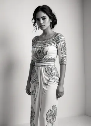 black and white line drawing, white background, full length view, Mexican woman, jsbw, style, <lora:JasmineBWXLDoguMini:1.1>