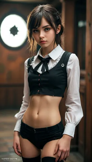 petite student, Slim, ripped revealing clothes, goth, Small tits, (full body view), Tinymodel, young, schoolgirl, 20 years old, perfect face, dark brown eyes, cute, closeup, petite body, smokey eyes, full body photo, beautiful face, (Ultra detailed skin:1.5), (ultra high resolution:1.5), <lora:MJ52:.3>