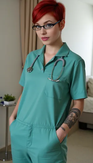 (4K UHD ultra-detailed RAW photo), high detailed, 8k, (photorealistic:1.7), angry busty nurse 18yo girl, standing in the hospital, ((completely clothing)), (((wearing in nurce uniform))), ((glasses)), boots, ((tattoo)), ((Lots of jewelry)), (bright makeup:1.5), (((3/4 body view))), (red HAIR, UNDERCUT SHORT HAIR WITH red ROOTS, BUTCH CUT HAIR, SLICKED BACK HAIR FULL OF GEL:1.5), ((looking on viewer)), perfect round ass, Photography, stvmccrr, style, hair, dip, dyed, black, to, red, white, blue, blonde, <lora:1048636_training_data:.8>