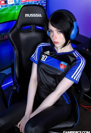 Streamer, A 28 years old japanese woman, sitting on a gamer chair, headphones, soccer jersey of Russia, sad, very white and pale skin, big lips, blue eyes, thin, inverted bob cut, square face, black hair, black leggings, freckles, masterpiece, insanely detailed photo, detailed skin texture, middle body view, small lips, dark gamer room, hyperrealistic photo, full hd, 8K